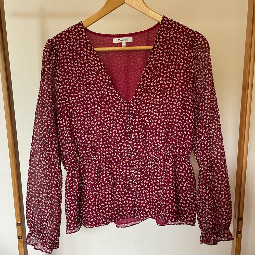 Madewell Red Floral Print Long Sleeve Top. Sheer arms. Small.